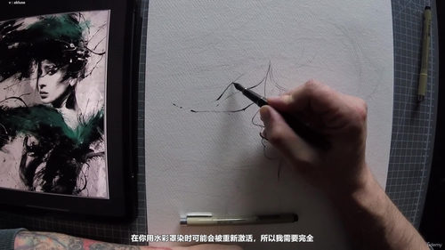 水彩人物肖像与抽象背景绘画课程 (英文课程中文字幕)